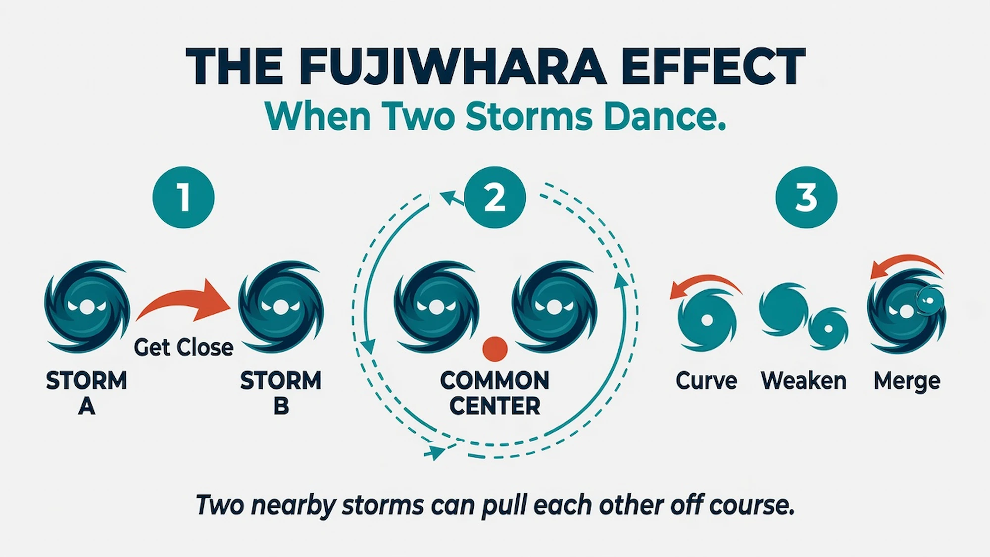 Diagram of two hurricane swirl icons orbiting a shared point between them, like two dancers being swung around a common center.