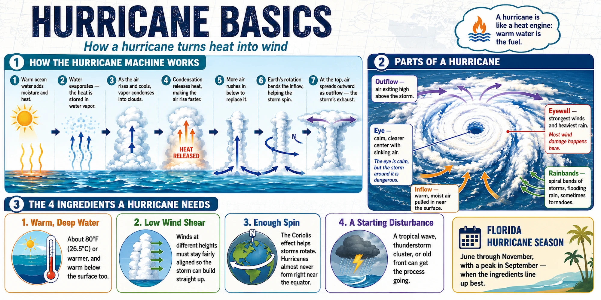 Infographic in four parts: a seven-step diagram of the heat-engine process from warm ocean water through evaporation, condensation, and rotation to outflow at the top; a labeled cross-section of a hurricane showing the eye, eyewall, rainbands, inflow, and outflow; the four ingredients a hurricane needs (warm deep water, low wind shear, enough Coriolis spin, and a starting disturbance); and Florida hurricane season's June-to-November window with a September peak.