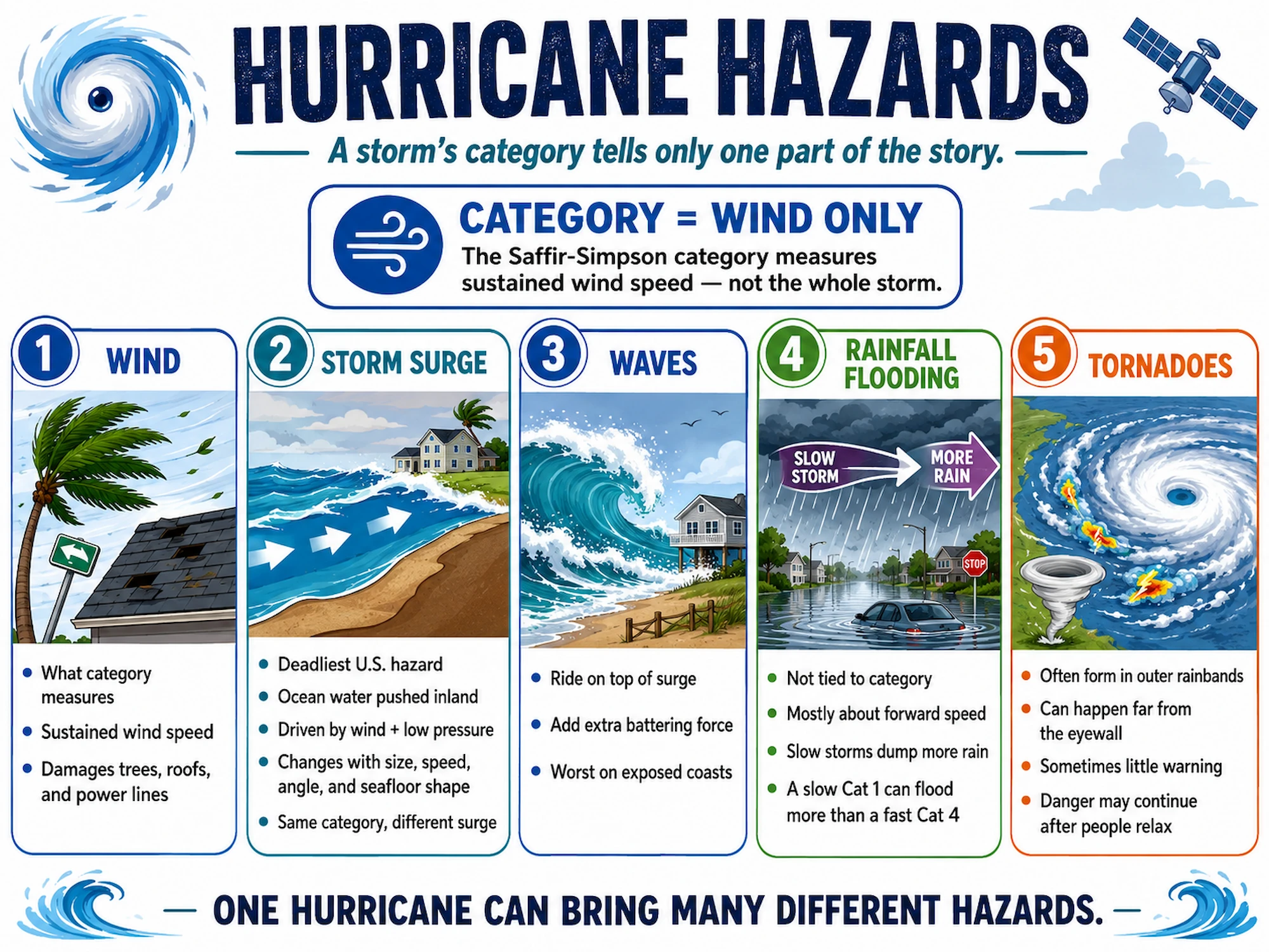 Infographic in five numbered panels -- wind, storm surge, waves, rainfall flooding, and tornadoes -- each with a short illustration and a few key facts, under the header "Category = Wind Only: the Saffir-Simpson category measures sustained wind speed, not the whole storm."