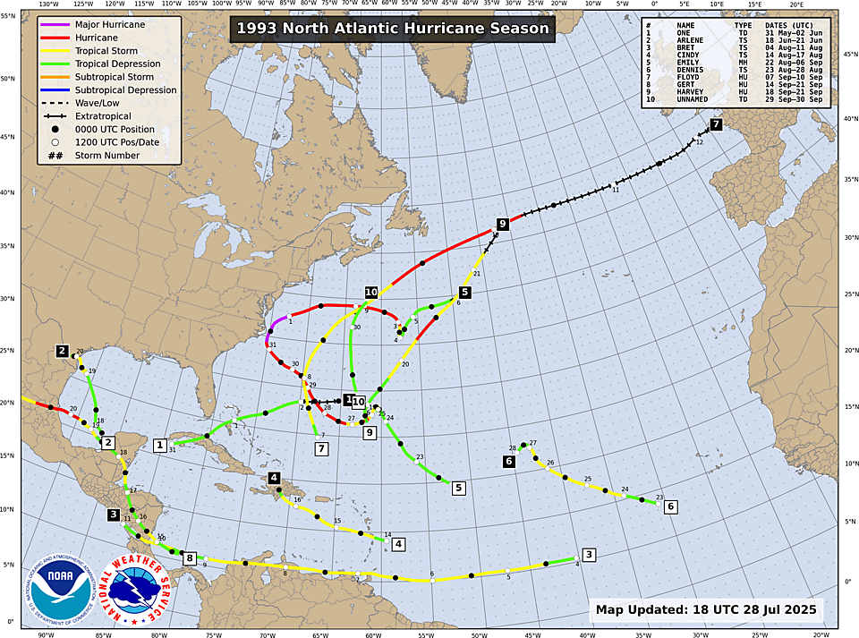 NHC Atlantic season track map, 1993