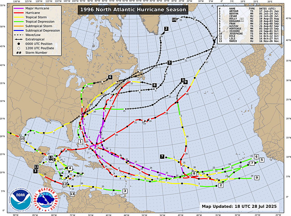 NHC Atlantic season track map, 1996