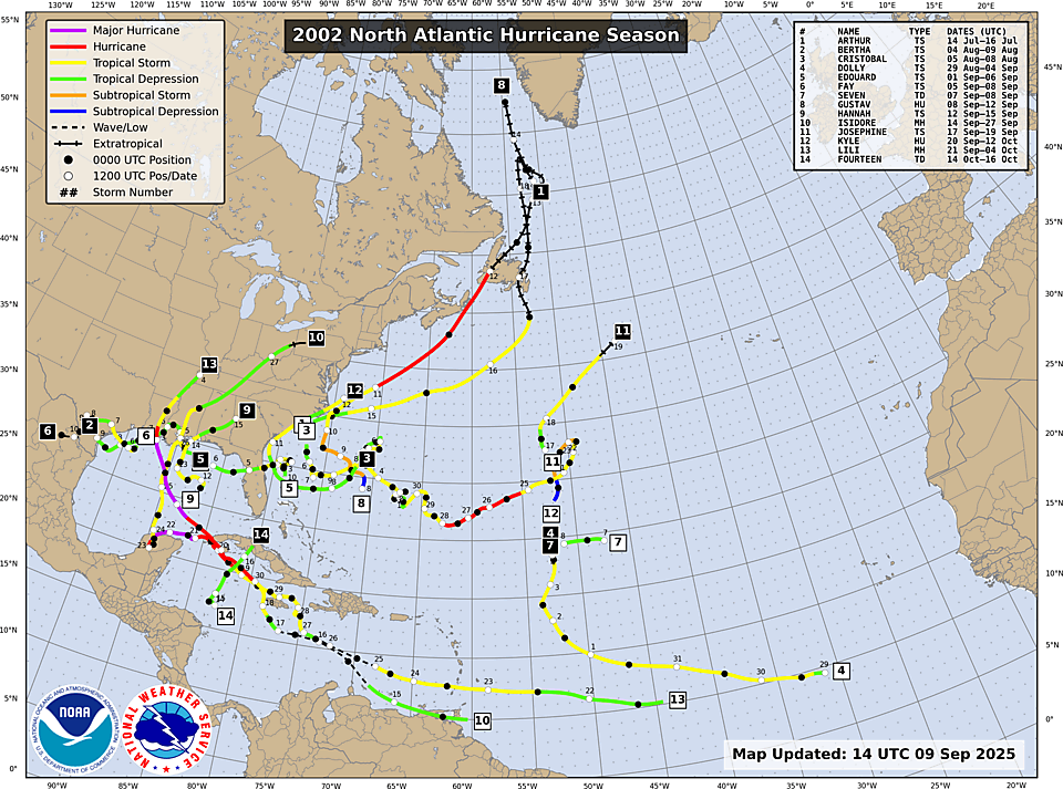 NHC Atlantic season track map, 2002
