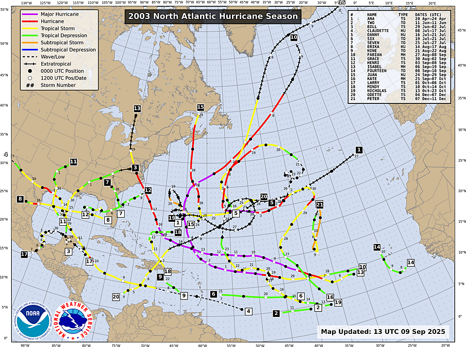 NHC Atlantic season track map, 2003