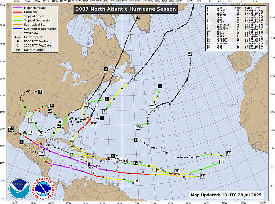 NHC Atlantic season track map, 2007
