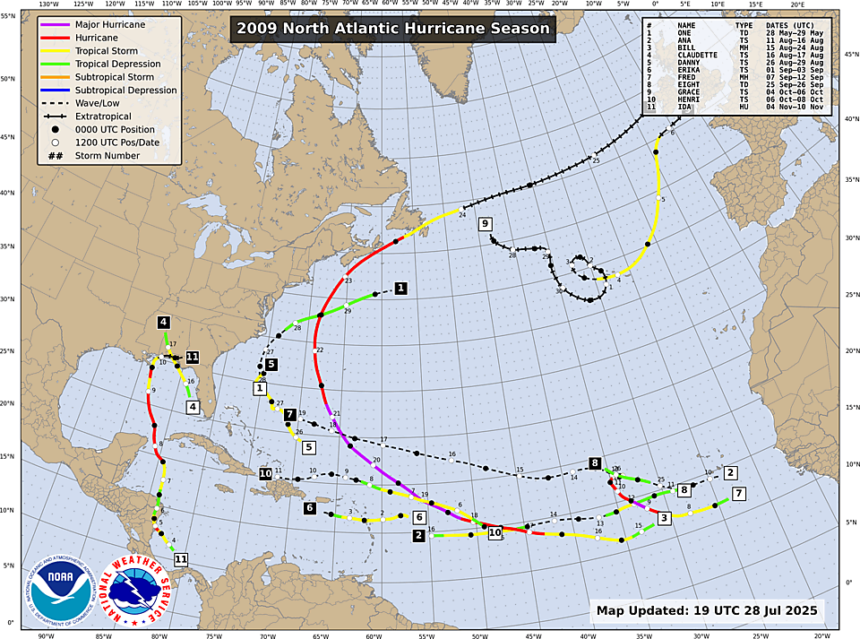 NHC Atlantic season track map, 2009