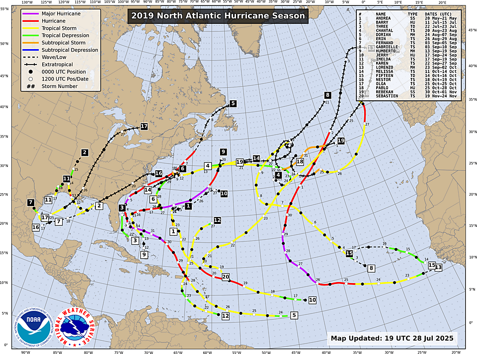 NHC Atlantic season track map, 2019