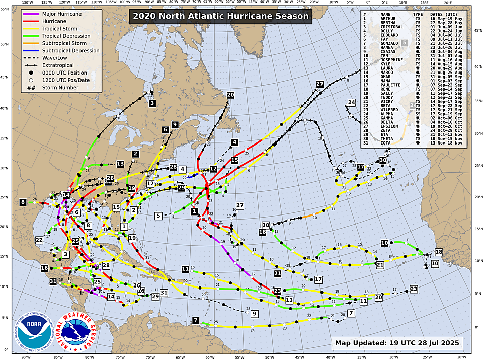 NHC Atlantic season track map, 2020