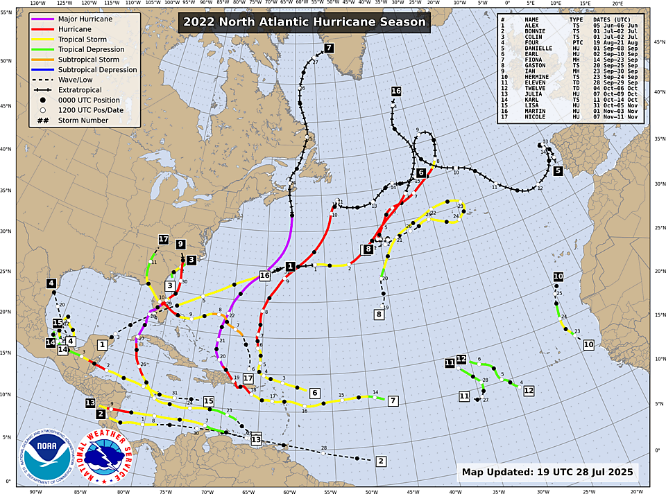 NHC Atlantic season track map, 2022